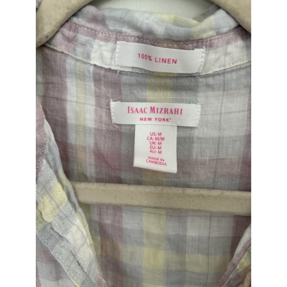 Isaac Mizrahi New York 100% Linen Plaid Short Sleeve Tunic Top Pink Yellow Med - Picture 3 of 8